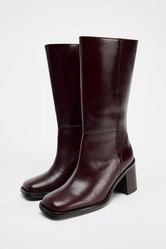 SQUARE TOE LEATHER ANKLE BOOT - Burgundy Red | ZARA United States Cherry Red Boots, Dark Red Boots, Burgundy Boots Ankle, Burgundy Boots, Waistcoat Dress, Women's Outfits, Red Boots, Cardigan Sweater Dress, Shoes Trainers