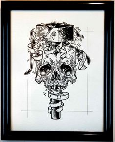 a black and white drawing of a skull with ribbons on it's head