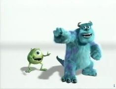 the monsters are standing next to each other in front of a white wall and one has his hand up