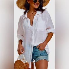 White Century Star Button Down Linen Shirt. Loose Fit Long Sleeve Casual Oversized Collared Blouse. Button-up Beach Shirt With Pockets, Beach Button-up Shirt With Pockets, Summer Long Sleeve Tops With Pockets, Long Sleeve Blouse With Pockets For Beach, Button-up Tops With Pockets For Beach Season, Beach Season Button-up Tops With Pockets, Summer Button-up Shirt With Pockets, Oversized Vacation Blouse With Button Closure, Trendy Collared Shirt For Beach