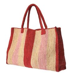 a red and white striped bag on a white background