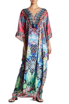 Relaxed Summer Vacation Maxi Kaftans - Chic Beachwear and Summer Clothing - Hot Boho Resort & Swimwear Boho Print V-neck Beach Dress, Beachy Boho Print Cover-up For Vacation, Bohemian Printed Swimwear For Resort, Multicolor Tunic Style Beachwear Cover-up, Multicolor Free Size Beachwear Cover-up, Flowy Beachwear Dresses For Resort Season, Flowy Cover-up For Resort Season Vacation, Bohemian Flowy V-neck Swimwear, Long Summer Beach Kaftan