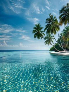 palm trees are reflected in the clear blue water on an island with white sand beach