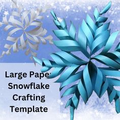 large paper snowflake crafting template with blue and white decorations in the background