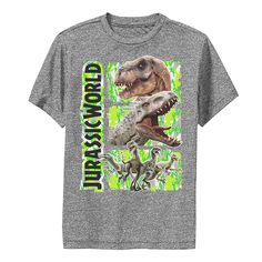 a gray t - shirt with an image of two dinosaurs and the words dinosaur world on it