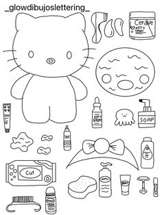 a hello kitty coloring page with various items