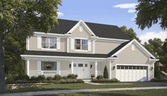 a rendering of a two story house with white shutters on the front and windows