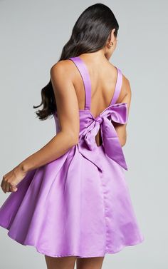 Semi Formal Dresses Short, Purple Dress Formal, Purple Hoco Dress, Hoco Dress Short, Purple Hoco, Tiny Dress, Cute Formal Dresses, Tie Back Dress, Semi Formal Dresses