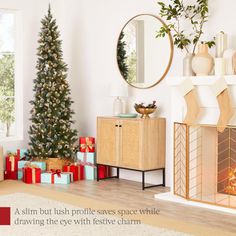 a living room decorated for christmas with presents on the floor and a tree in the corner