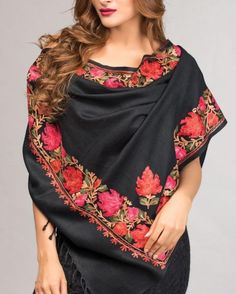 Our Embroidered Wool Shawl features exquisite embroidery on fine, soft wool. This stunning embroidered pure wool shawl showcases the intricate embroidery traditions in rich earthen tones on a black base. COLOR Black Multicolor DIMENSIONS 28" x 72" Traditional Black Shawl With Floral Embroidery, Embroidered Black Pashmina Shawl, Black Pashmina Shawl With Embroidered Border, Festive Black Pashmina Shawl With Embroidered Border, Black Pashmina Shawl For Festive Occasions, Festive Black Shawl With Embroidered Border, Black Pashmina Shawl With Intricate Embroidery, Black Shawl With Resham Embroidery In Traditional Drape, Black Intricate Embroidery Pashmina Shawl