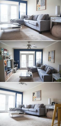 three different pictures of a living room with couches