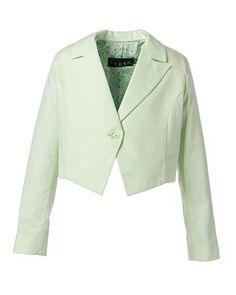 Stylish cropped mint cotton blazer for girls with lapel. Tailored toddler jacket for every formal occasion. The formal dress wear features a single breast design. Shaped front opening with buttons opening and designer printed lining. Cuttings lines of the blazer follow the body shape. Made from high-quality Italian cotton fabric. Dress up the smallest member of the family in our kid's formal wear blazer that is ideal for use at any formal or semi-formal occasions. Toddler cotton blazer is perfec Fitted Cotton Cropped Jacket, Fitted Green Cotton Blazer, Semi-formal Cropped Blazer For Spring, Semi-formal Cropped Spring Blazer, Green Cotton Blazer With Notch Lapel, Green Single Breasted Cotton Blazer, Green Cotton Single-breasted Blazer, Fitted Cotton Cropped Jacket For Summer, Long Sleeve Cropped Jacket For Spring Semi-formal