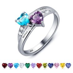 three stone heart shaped ring with name engraved on the side and four different color stones