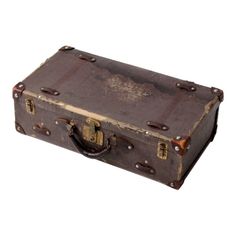 A vintage hardboard suitcase circa 1930. The dark brown luggage case features enforced leather corners and a leather handle. The straps around the body are missing. Gold tone hardware closes the case, and opens it to a stripe lined interior. Vintage Suitcase Table, Trunks For Sale, Cardboard Suitcase, Brown Luggage, Suitcase Table, Old Luggage, Decorative Trunks, Trunks And Chests, Old Suitcases