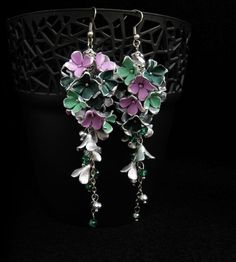 Long dungle earrings Emerald green lilac flowers Cluster drop | Etsy Green Dangle Flower Earrings For Party, Green Cluster Earrings For Wedding, Green Drop Flower Earrings, Unique Green Dangle Flower Earrings, Silver Flower-shaped Cluster Earrings For Formal Occasions, Colorful Summer Jewelry, Blue And White Earrings, Silver Bridal Earrings, Romantic Earrings