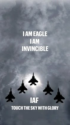 four fighter jets flying in formation with the words i am eagle, i am invisible