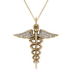 Diamond Caduceus Medical Symbol Pendant 14k Yellow Gold (0.13ct) Doctor Jewelry, Pink Gold Necklace, Rose Gold Diamond Necklace, Necklaces Rose, Round Diamond Pendant, Diamond Pendant Jewelry, Rose Gold Pendant Necklace, White Gold Pendant Necklace, Medical Jewelry