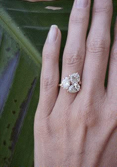 a woman's hand with a diamond ring on top of her finger, next to a green leaf