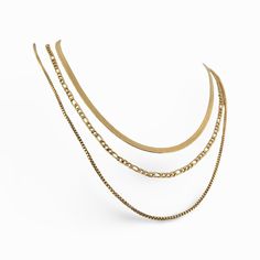 Handcrafted by Women, for Women. This stunning, triple-layered piece is designed to elevate your style with a touch of luxury and elegance. Each chain is plated with 18k gold, creating a lustrous and lasting shine that catches the eye immediately. No matter the occasion, whether it is dressed up or down, it's sure to complement any outfit with its timeless and trending look. Material (100% Waterproof and Tarnish-Free): Herringbone Chain - 18K PVD Gold Plated Stainless Steel Cuban Link Chain - 18 Elegant Double Strand Tarnish Resistant Layered Necklace, Trendy Gold Layered Necklace With Figaro Chain, Chic Gold Plated Double Chain Jewelry, Trendy Double Strand Figaro Chain Jewelry, Elegant Double Chain Snake Chain Jewelry, Elegant Jewelry With Double Snake Chain, Elegant Multi-strand Gold Plated Jewelry, Elegant Layered Necklace With Figaro Chain As Gift, Elegant Layered Necklace With Figaro Chain For Gift