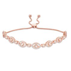 Top off any dressy look with this glamorous gemstone bolo bracelet. Fashioned in sterling silver with 18K rose gold plate, this flattering design features 3.5mm soft-pink morganites wrapped in open marquise-shaped frames lined with lab-created shimmering white sapphires. Alternating 3.0mm soft-pink morganites complete this delightful style. Buffed to a brilliant luster, this wheat chain bracelet adjusts up to 9.0 inches in length and secures with a bolo clasp and ball ends. Rose Gold Plate, Bolo Bracelet, Sparkly Things, Sapphire Bracelet, Gold Plated Bracelets, Sapphire Stone, Pink Stone, Gemstone Bracelets, White Sapphire