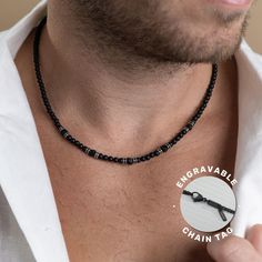 Looking for a gift for your man? You've found the perfect item for this!  Elevate your style with this stunning black onyx necklace for men. This sleek and masculine piece features a bold black onyx pendant that exudes sophistication. The highlight of this necklace is the personalized tag near the clasp, adding a unique touch to make it truly one-of-a-kind. Perfect for everyday wear or special occasions, this striking necklace is sure to make a statement. Makes a thoughtful and stylish gift for the special man in your life. Water proof 4mm Onyx beads Length: 19.68" (50 cm). Every purchase comes packaged in a little pouch. It carefully protects items during the shipping and is perfect for gift-giving or keeping for yourself. For more men's beaded jewelry click the link below: https://www.et Adjustable Black Jewelry For Father's Day, Minimalist Black Beads For Gifts, Minimalist Black Beads As Gift, Minimalist Black Beads For Gift, Black Spiritual Jewelry For Father's Day, Spiritual Black Jewelry For Father's Day, Minimalist Black Jewelry For Father's Day, Beaded Necklace For Men, Black Onyx Pendant