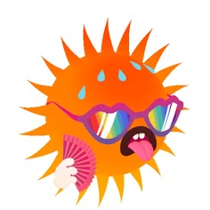 an orange sun with sunglasses and a fan