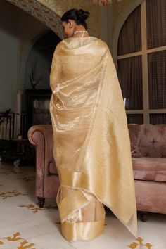 Light gold saree with lotus, floral woven motifs. Comes with unstitched blouse piece. - Aza Fashions Gold Saree, Border Saree, Buy Gold, Blouse Piece, Aza Fashion, Jaipur, Lotus, Saree, For Women