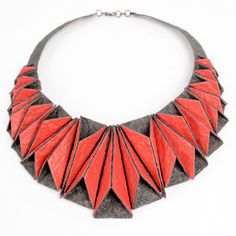 Mixed-Media Necklace - This beautiful, dimensional necklace lays like a collar, standing out for both its structure and shine. Inspired by origami, each piece manipulated by hand and attached to the necklace, not each other, so the necklace can be molded to the wearers neck. Made from hand painted faux leather made from recycled coconut husks, eco friendly, waterproof and an absolute conversation piece! Handmade Geometric Jewelry For Party, Unique Handmade Geometric Necklace, Mixed Media Necklace, Pebble Jewelry, Coconut Husk, Statement Collar Necklace, Geometric Inspiration, Laser Cut Jewelry, Necklace Ideas