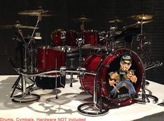 a drum set with an image of a drummer on it