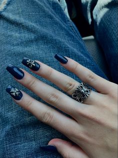 Navy Blue Nails Y2k, Dark Blue Nails With Charms, Blue Nails With Charms, Dark Blue Nails Design, Hearts Acrylic Nails, Dark Blue Nails With Design, Chrome Hearts Nails, Chrome Heart Nails, Cute Nail Colors