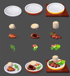 a set of plates with different types of food on them, including meat and rice