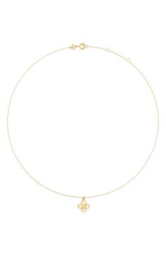 A cutout clover with a double-T logo serves as the pretty focal point of a dainty necklace crafted from glossy 18-karat gold plate. 16 3/4" length; 1 5/8" extender; 1/2" diameter pendant Spring-ring closure 18k-gold plate Imported Cute Gold Necklace, Capsule Wardrobe Jewelry, Expensive Necklaces, Pretty Gold Necklaces, Tory Burch Necklace, Xmas 2024, Dainty Necklaces, Tory Burch Kira, Clover Pendant