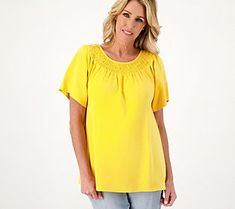 Boost your basic tee collection with this smocked boat neckline top that elevates everything from daily denims to summery capris. From Denim & Co.® Fashions. Boat Neck Tops, Flutter Sleeve Top, Boat Neckline, Basic Tee, Boat Neck, Flutter Sleeve, Smocking, Short Sleeves Tops, Sleeve Top