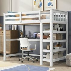 a white loft bed with desk and chair in a child's playroom or bedroom