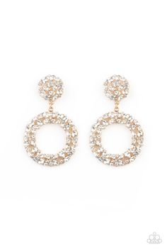 A sparkly wreath of marquise, square, teardrop, and classic white rhinestones delicately swings from the bottom of a matching round golden frame, creating a dramatically dazzling statement piece. Earring attaches to a standard post fitting. Sold as one pair of post earrings.