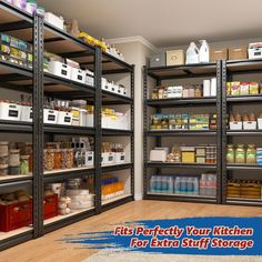 a large pantry filled with lots of food and storage items on shelving unit shelves