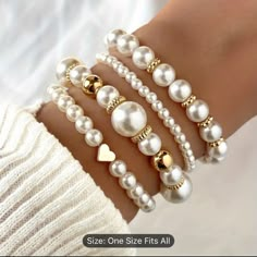 4pcs White Faux Pearls Beads Beaded Bracelet Set Elegant Handmade Hand String Jewelry Accessory Trending Beaded Bracelets, Pearls Bracelet Ideas, Diy Pearl Bracelet Ideas, Beaded Bracelet With Charm, Bead Bracelets Designs, How To Stack Bracelets, Beaded Bracelets Diy Ideas, Hand Beads Bracelet, Cool Beaded Bracelets