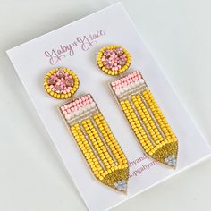 These pencil earrings are the perfect gift to our wonderful teachers and educators! Show the love and appreciation to your teachers with these beaded earrings. They are handmade and very lightweight. Beaded Teacher Gifts, Nickel Free Yellow Beaded Earrings For Gift, Nickel-free Yellow Beaded Earrings For Gifts, Nickel-free Yellow Beaded Earrings As Gift, Yellow Beaded Earrings For Pierced Ears As Gift, Yellow Beaded Earrings For Gift, Personalized Yellow Earrings For Gift, Kindergarten Teacher Outfits, Pencil Earrings