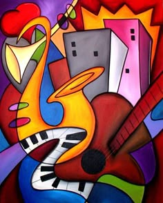 an abstract painting with musical instruments and buildings