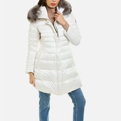 Nwt! Brand New! Women's White Gorski Down-Filled Aprs-Ski Jacket With Detachable Saga Superb Fox Fur (Finland) Trim On The Hood. Msrp: $1,195.00 Women's Size M - Fyi, This Jacket Runs Big Compared To Usual Us Sizes. Gorski Montreal Women's Sizing Is As Follows: Xs 2/4/6 S 8/10 M 12/14 L 16/18 Xl - 20 Fyi- Full Disclosure : There Are A Few Marks On The Inside Of The Hood And This Is How I Purchased It. I Am Not Sure If They Can Be Removed Or Not - Eitherway, I Have Included A Photo For Full Trans White Down Outerwear With Detachable Hood, White Down Puffer Jacket For Cold Weather, White Puffer Jacket With Detachable Hood For Cold Weather, White Hooded Outerwear For Snow, Winter White Down Outerwear, White Long Sleeve Outerwear For Snow, White Down Outerwear For Spring, White Down Puffer Jacket For Spring, Fitted White Puffer Jacket For Winter