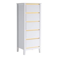 a tall white cabinet with gold trimmings on the bottom and drawers in front