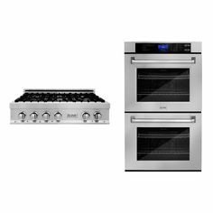 two stainless steel ovens and an electric stove with the same burner on each side