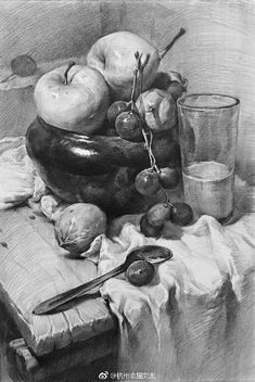 a black and white drawing of some fruit on a table next to a glass of water