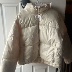 Brand New With Tags! Super Cute! Size Xl But Could Fit Smaller Sized For An Oversized Look! Message Me With Any Questions Same Day/Next Day Ship Casual Beige Puffer Jacket For Cold Weather, Cream Puffer Outerwear For Cold Weather, Casual Cream Puffer Jacket For Winter, White Relaxed Fit Outerwear For Outdoor, Cream Puffer Jacket With Pockets, Oversized Winter White Puffer Outerwear, Oversized Winter White Puffer Jacket, Oversized Beige Puffer Jacket With Pockets, Hooded Beige Puffer Jacket For Spring