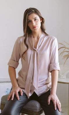 Vinci Silk Bow Blouse Luxury Classic Blouse With Concealed Placket, Luxury Silk Classic Tops, Luxury Satin Blouse With Buttons, Luxury Silk Tie Neck Blouse, Luxury Silk Blouse With Bow, Luxury Silk Blouse With Bow Detail, Luxury Satin Tie-neck Top, Luxury Silk Tops For Business, Luxury Pink Blouse For Office