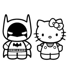 the hello kitty and batman coloring pages are in black and white, with one cat standing next to each other