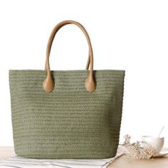 Khaki Recycle Beach Tote Simple Summer Bag for Travelling | Baginning Concealer Mascara, Rattan Bags, Round Straw Bag, Rattan Handbags, Blush Lipstick, Straw Beach Bag, Straw Tote Bag, Neutral Style, Lv Bags