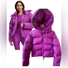 Nwt! Sure To Keep You Warm And You’ll Stand Out! So Cute! Brand: Good American All Inclusive Line Co Founded By Khloe Kardashian Sku: Gp0916 Pop Thistle Retails: $185 Size 3 = Large Color Purple Filled With Polyester Zipper Removable Quilted Hood With Adjustable Draw Cord At Good Opening Stoppers At Front I Side Rubber Coated Pull Zipper Front Pockets Hooded Purple Puffer Jacket For Winter, Purple Hooded Puffer Jacket For Winter, Fitted Purple Winter Outerwear, Purple Puffer Jacket For Winter, Purple Long Sleeve Puffer Jacket For Cold Weather, Fitted Puffer Jacket For Cold Weather, Purple Winter Outerwear, Fitted Winter Puffer Jacket With Detachable Hood, Hooded Purple Outerwear For Fall