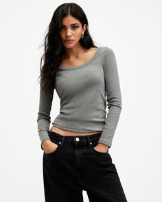 A wardrobe staple. The Rina Long Sleeve T-Shirt is super soft with a little bit of stretch. Shaped to an essential silhouette with a scoop neck in a slim fit. We love to keep all the colors on rotation – it's a go-to piece.   This t-shirt is designed to a slim fit Pullover Scoop neck Long sleeves Wardrobe staple Allsaints Casual Crew Neck Top, Allsaints Everyday Crew Neck Top, Allsaints Relaxed Fit Tops For Spring, Allsaints Crew Neck Top For Everyday, Allsaints Relaxed Fit Spring Tops, Casual Scoop Neck Tops For Fall, Basic Spring Top With Scoop Back, Basic Scoop Back Top For Spring, Allsaints Cotton Tops For Fall