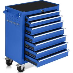 a blue toolbox with six drawers on wheels